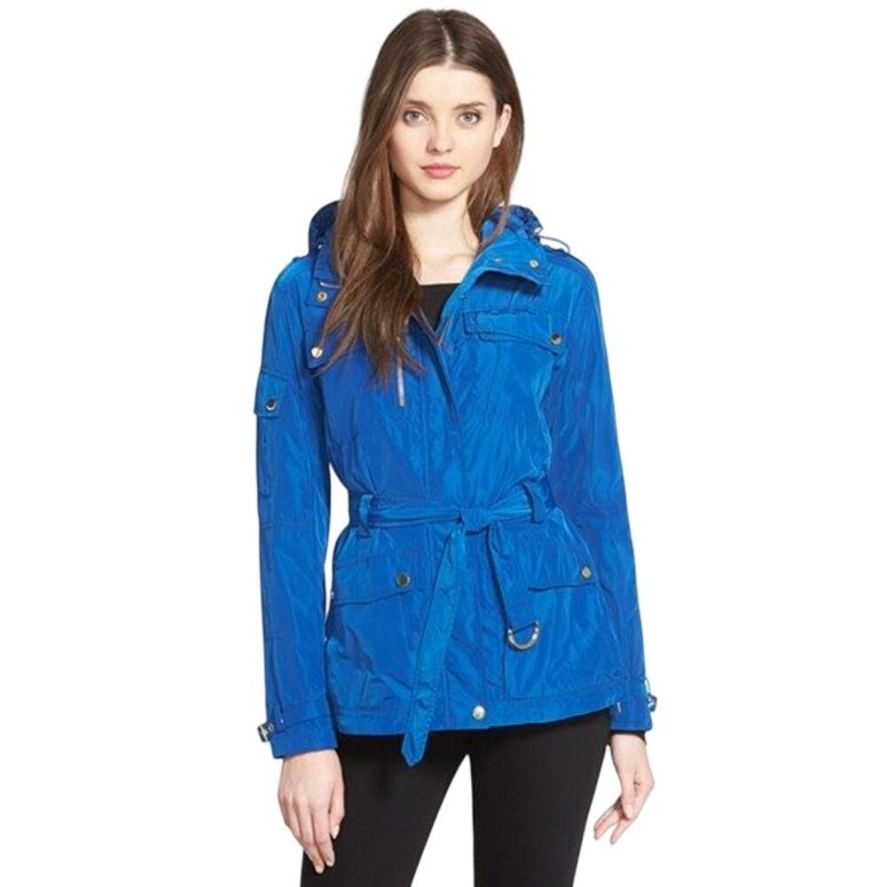 Trina Turk Belted Anorak Rain Jacket Women Size XS/S Blue Preppy Utility Outdoor